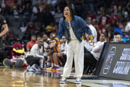 Dawn Staley sports a denim jacket and stylish shoes in the Sweet 16 round of the NCAA Tournament. (Photo Credit: IMAGN)